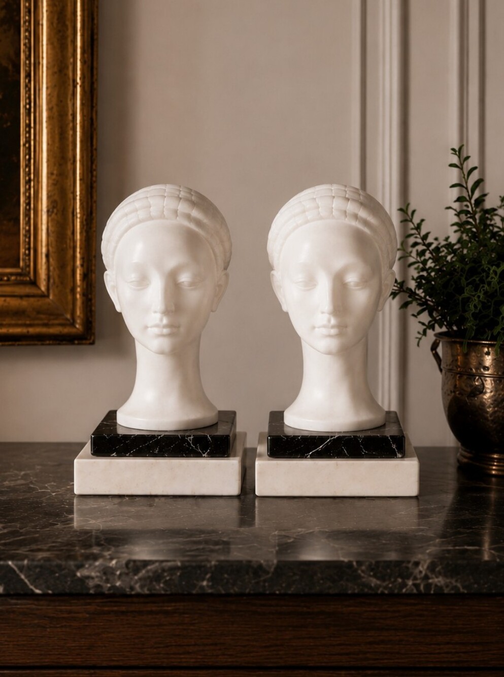 Vintage Italian Alabaster Bust Bookends – Neoclassical Marble Decor Pair